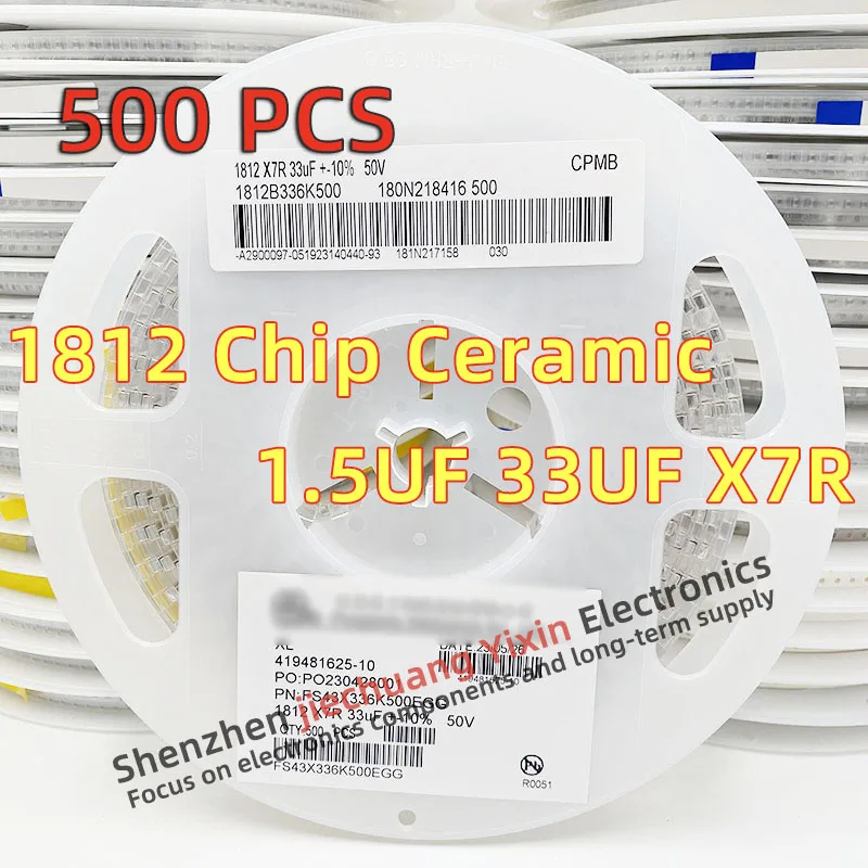 Chip Ceramic Capacitor 1812 1.5UF 33UF 25V 50V 100V 10% accuracy X7R material 4532 Capacitance 500pcs