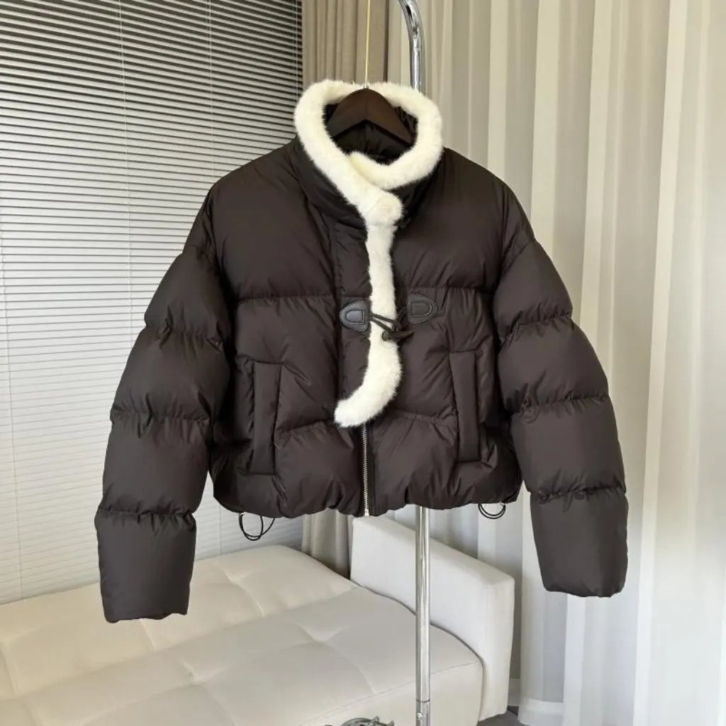 

Women's Stand Collar Cotton Jacket Loose Fit Winter Fashion Warm Bread Cotton Outwear Trendy Horn Button