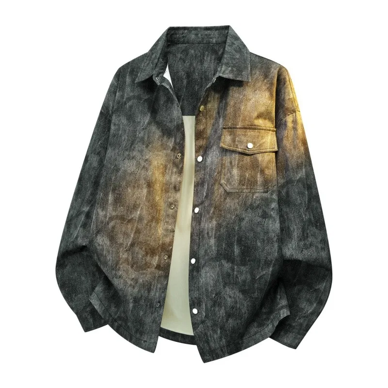 Men's Gradient Washed Denim Shirt Jacket Oversized Lapel Button Down Shacket with Chest Pocket Retro Tie-Dye Casual Outerwear