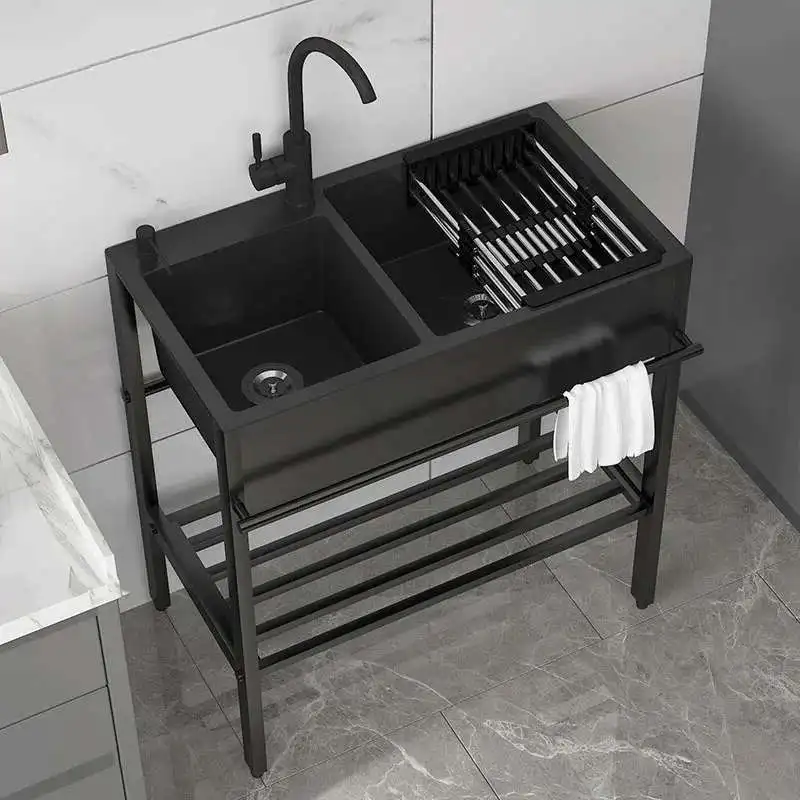 Bracket Integrated Vege Basin with Stainless Steel Kitchen Sinks Large Dishwashing Basin Floor-standing Balcony Double Sink