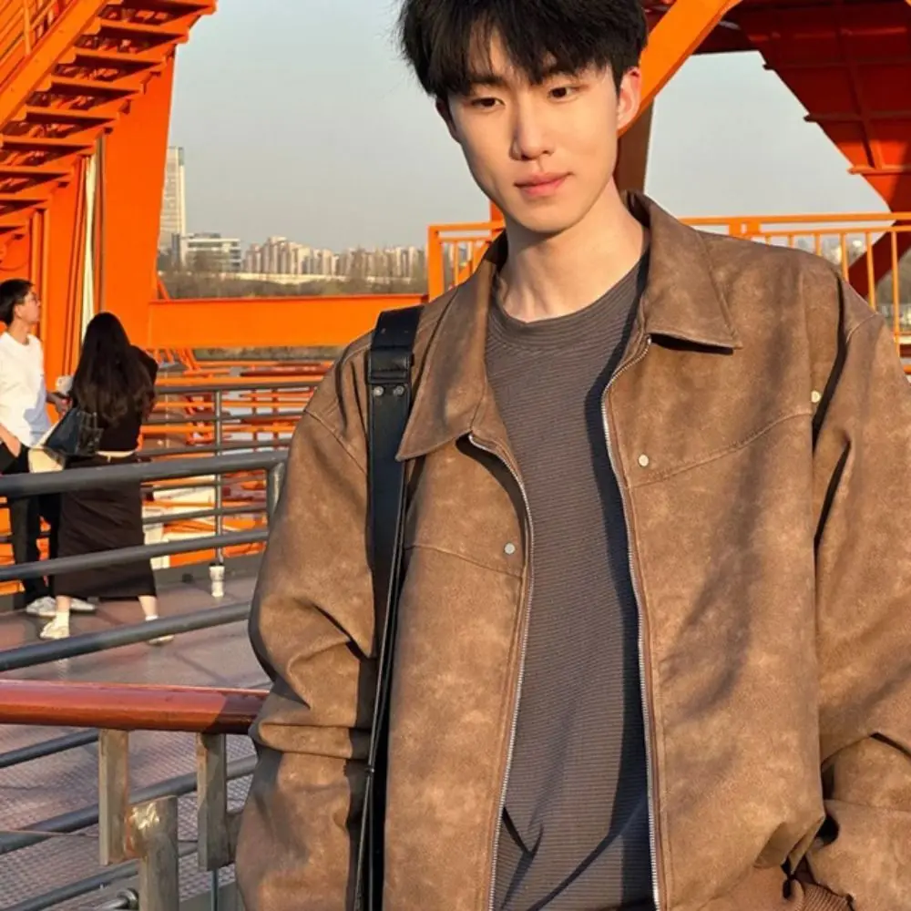 Fashion Loose Fit Men Jackets Thick Solid Color Turn Down Collar Jacket Windproof Long Sleeves Flight Jacket Daily Commute