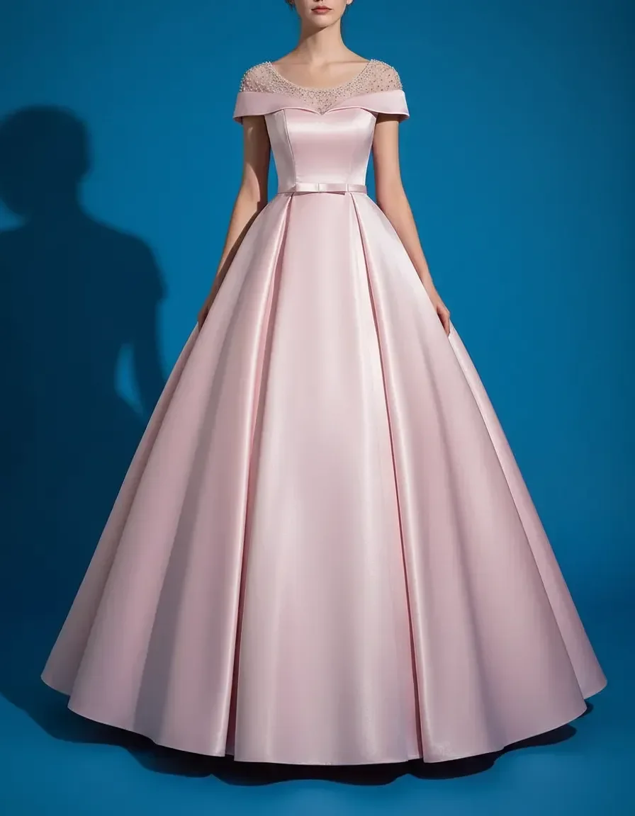 Pink Off Shoulder Satin Ball Gown with Beaded Neckline for Quinceanera Prom Evening Party Wedding Guest Formal Occasion view 3