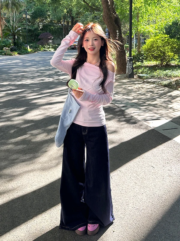 

Американские ретро-джинсы с широкими штанинами, синие, женские, осень 2025, новые, с высокой талией, свободные, прямые, длинные брюки в пол