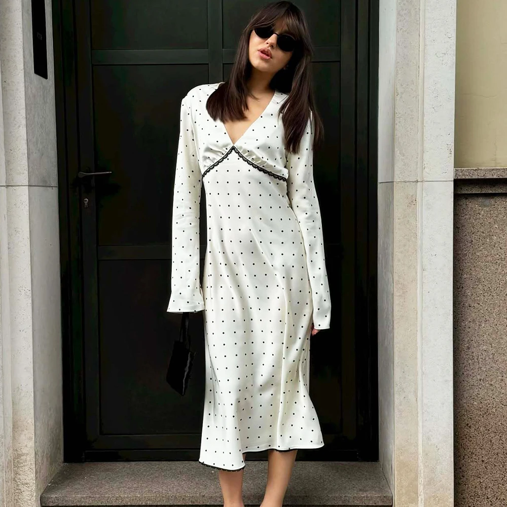 Talenza Women Polka Dot Dress Fashion Satin Print Contrast V-Neck High-Waisted New Dress Summer Elegant Female Party Dress 2026 view 2