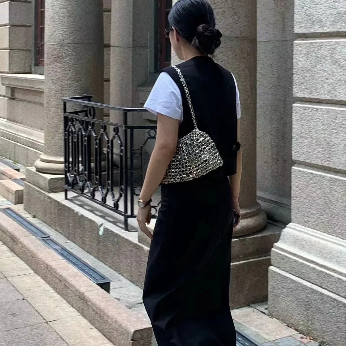 New Retro Metal Silver Small Handbag Hollow Hand Woven Beaded Luxury One Shoulder For Women