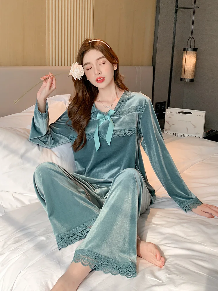 2PCS Bow Applique Pullover Pants Velour Pajamas Set Autumn Winter Velvet Sleepwear  Women V-Neck Pyjama Suit Femme Home Clothes