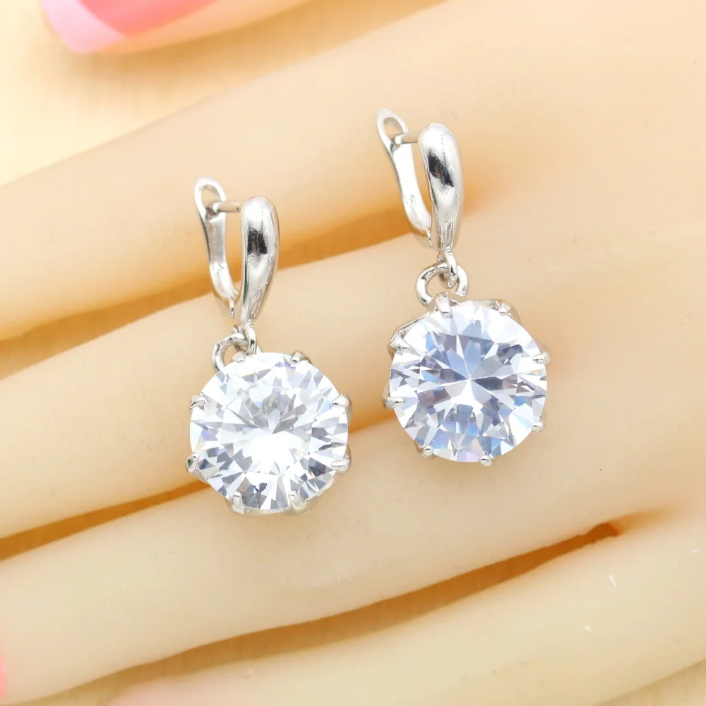 Classic Round White Zirconia  925 Silver Jewelry Sets For Women Necklace Pendant Earrings Rings USA Size Free Gift Box image 2
