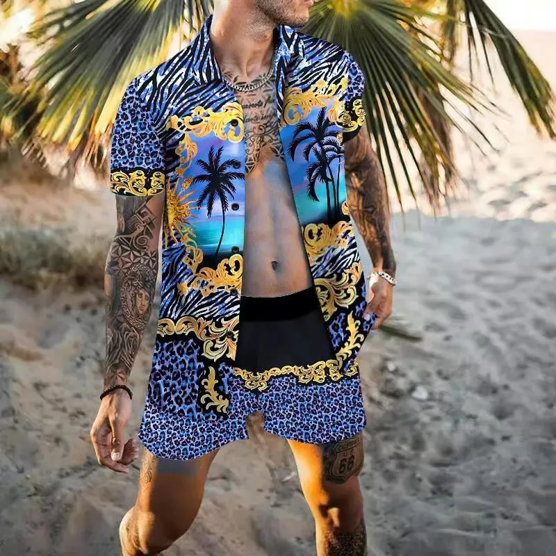 Vintage Men Shirts Sets Summer Golden Horse Print Beach Short Sleeve Shirt Shorts Casual  Trip Mens Hawaiian 2 Piece Suit S-5XL