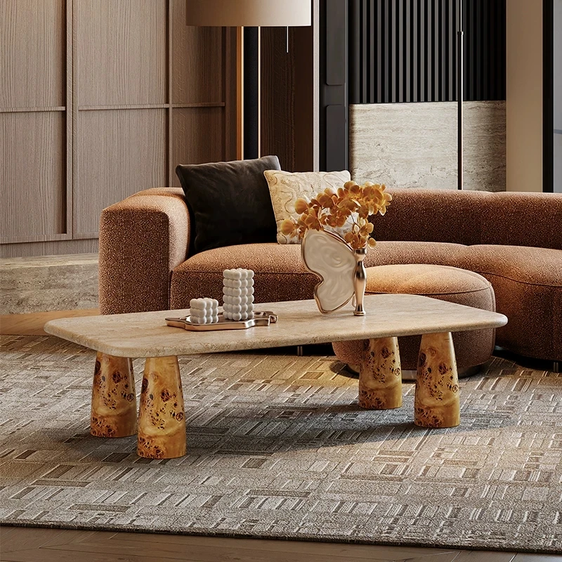 Wabi-sabi-style natural limestone countertops and wooden leg coffee tables, suitable for living rooms