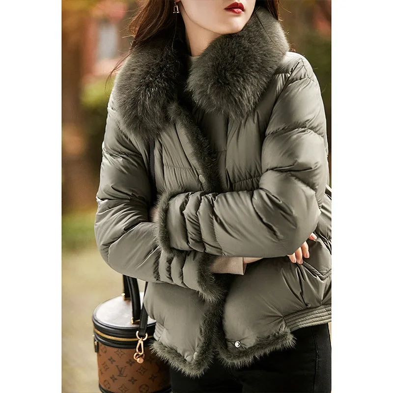 Jaket Pendek Bulu Angsa dengan Kerah Bulu Rubah Elegan untuk Musim Dingin, Model Terbaru 2025, Pakaian Wanita Solid