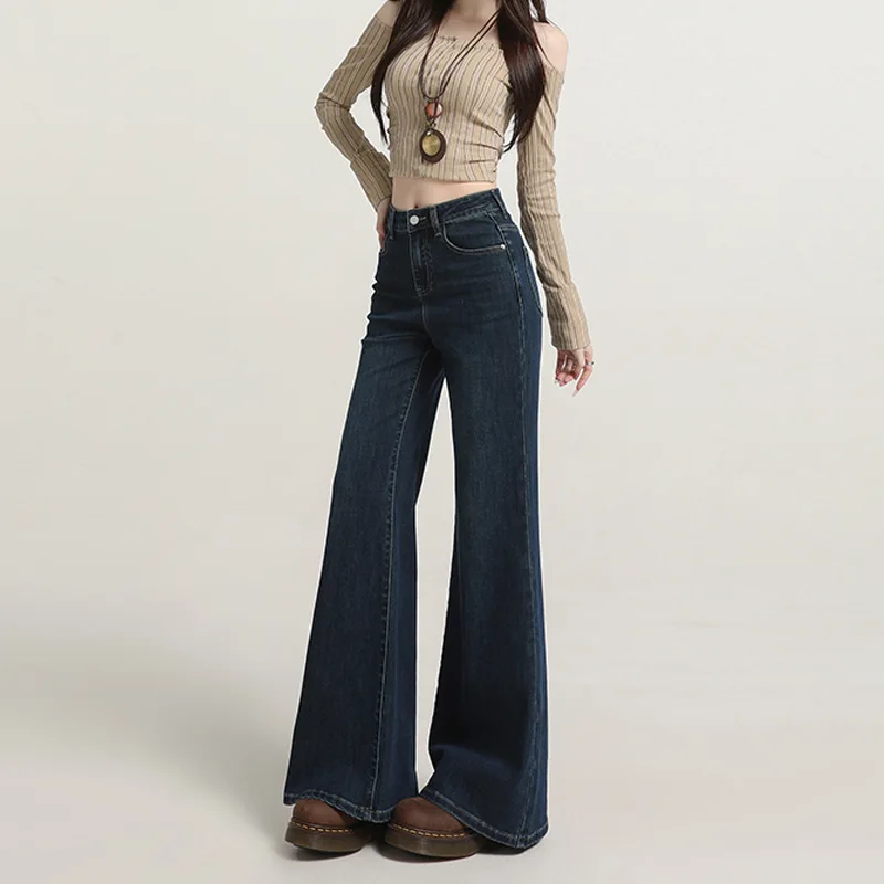 American Style Dark Blue High Waisted and Velvet Slimming Bell Bottom Pants for Women's Autumn New Fashion, Non Stick Leg Slight view 3