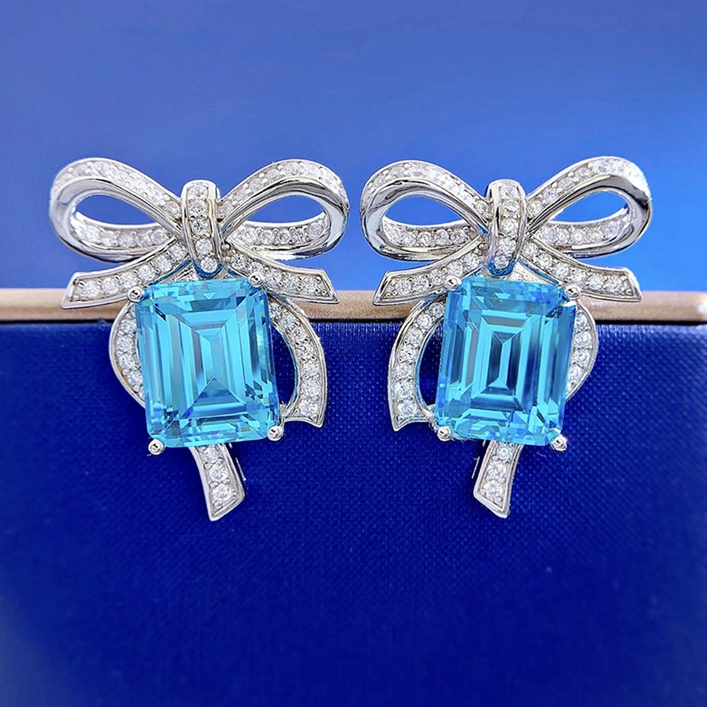 SHIPEI Luxury 925 Sterling Silver Emerald Cut 8*10 MM Aquamarine Gemstone 18K Gold Plated Bowknot Ear Stud Earrings Fine Jewelry