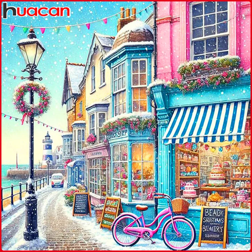 Huacan 5D-Diamantgemälde zum Selbermachen, Winter, Straße, Gebäude, Diamant-Stickerei, Landschaftsset, Geschenk