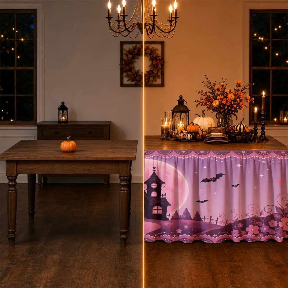 Send a tablecloth and table skirt 1 piece. Halloween haunted house, pink moon butterfly floral lace gothic fantasy magic.zyc