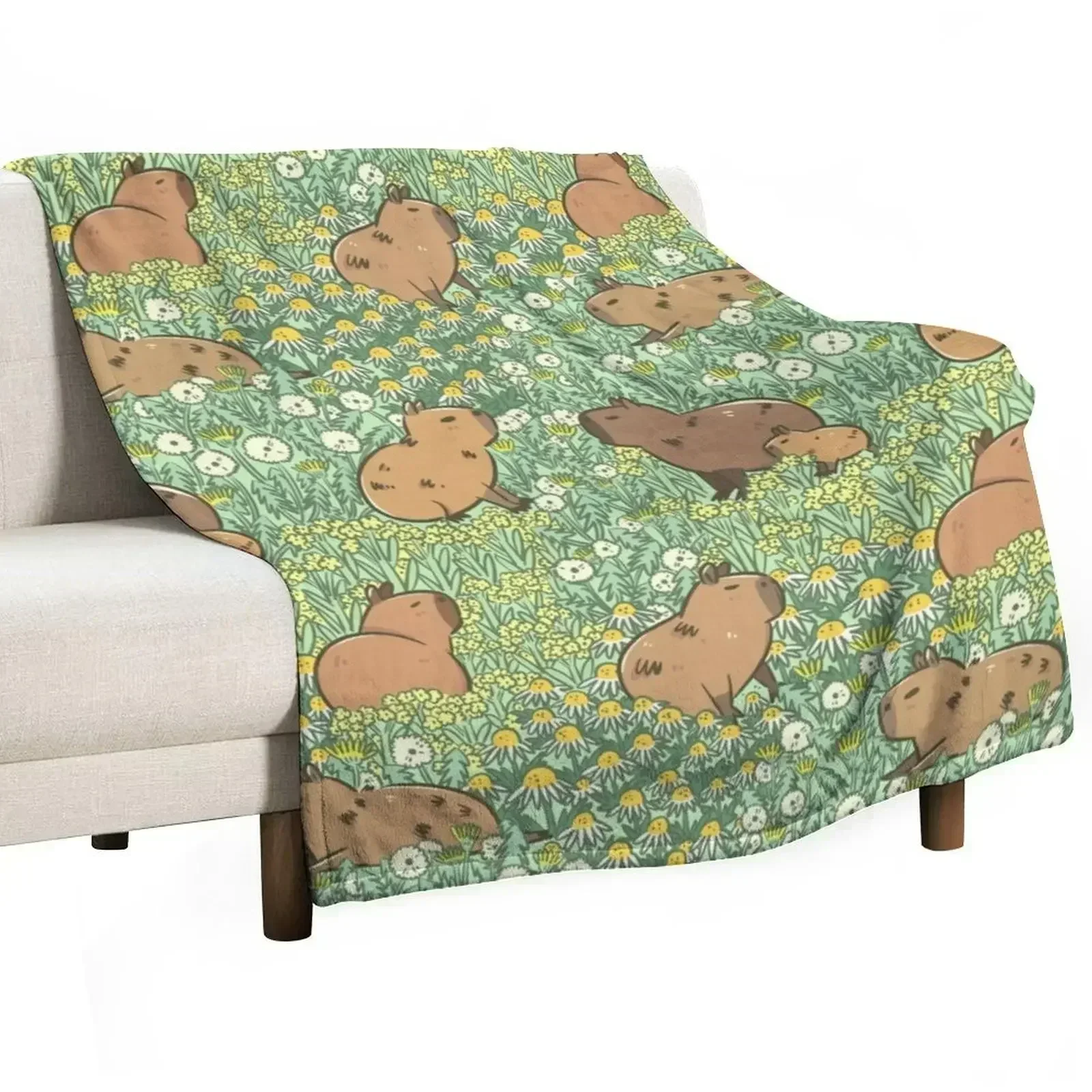 

Capybaras Meadow in Green and Yellow Throw Blanket Plush decorative Moving Blankets