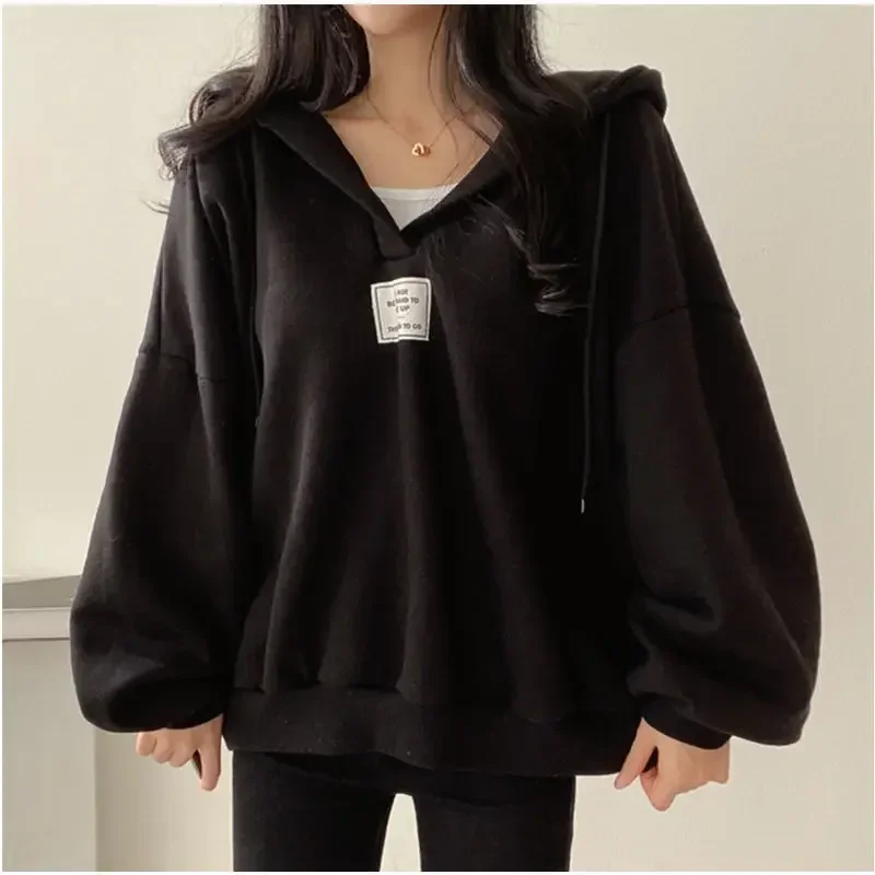 Oversize Hooded Tops Sweatshirts Solid Korean Long Sleeve Women High Street Pullovers Preppy Style Casual Y2k Sudadera Mujer