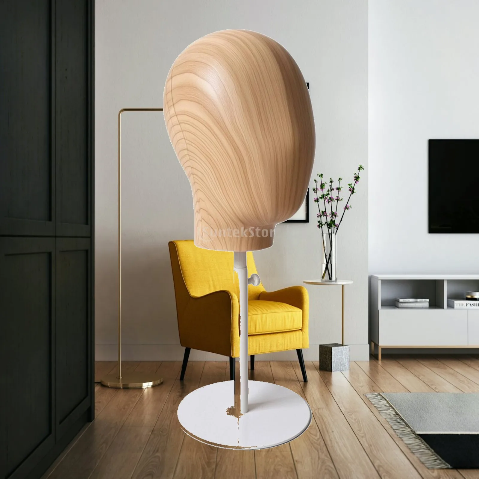 Adjustable Mannequin Head Display Stand with Wood Grain Finish and Gold Base for Hat Wig Showcase