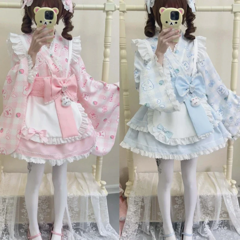 Sweet Cute Bunny Strawberry Print Bow Princess Party Dresses Pink Women Lolita Maid Dress Set Japanese Kawaii Lolita Style Dress