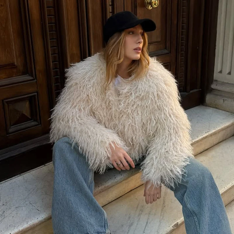 Ticketsx Short Fake Fur Round Neck Long Sleeve Cardigan Coat  Solid Loose Elegant Warm Thickened Coat  Female Women's Clothing
