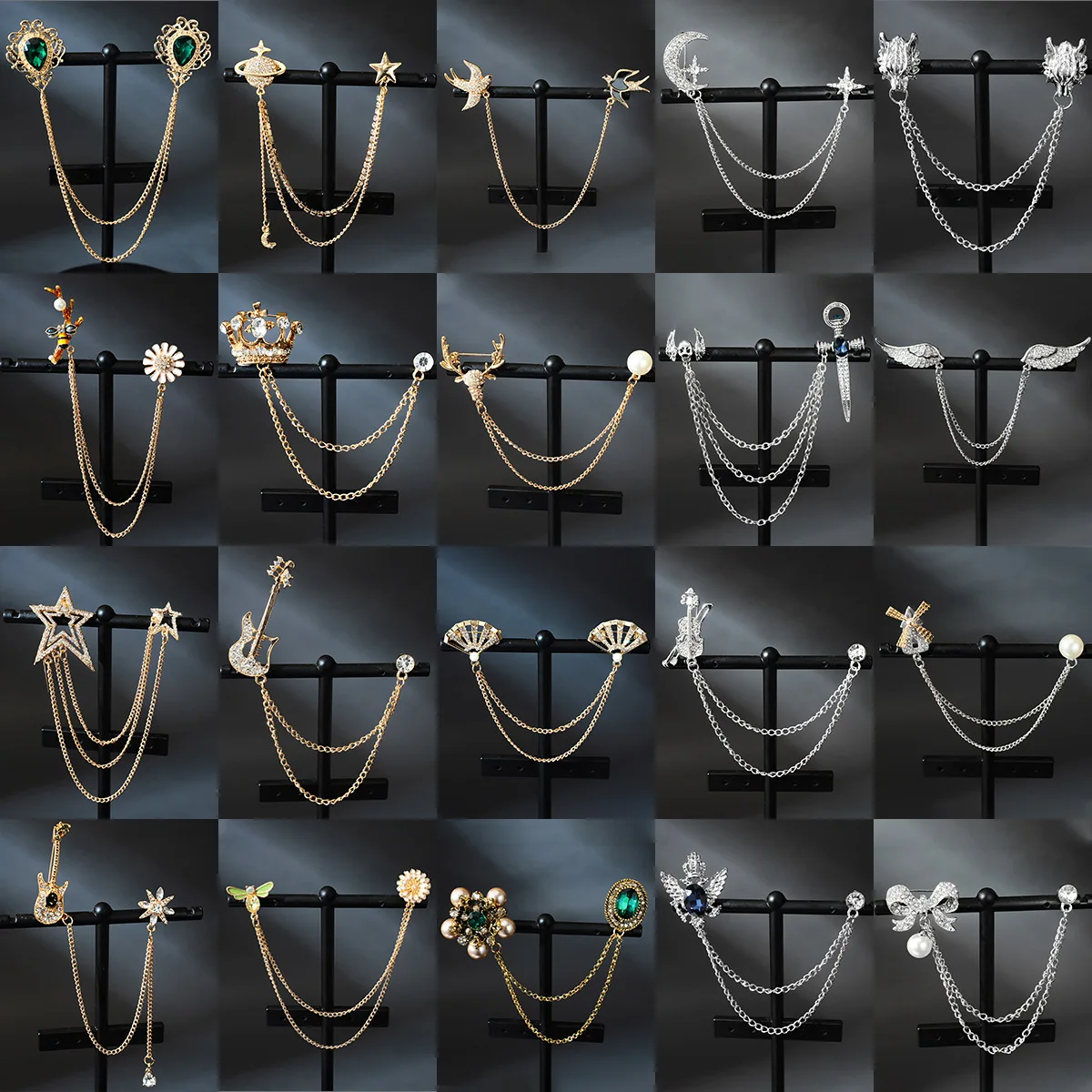 

Korean Rhinestone Cross Crown Brooch Star Tassel Chain Lapel Pins Men's Shirt Collar Pin Fashion Jewelry Accessories