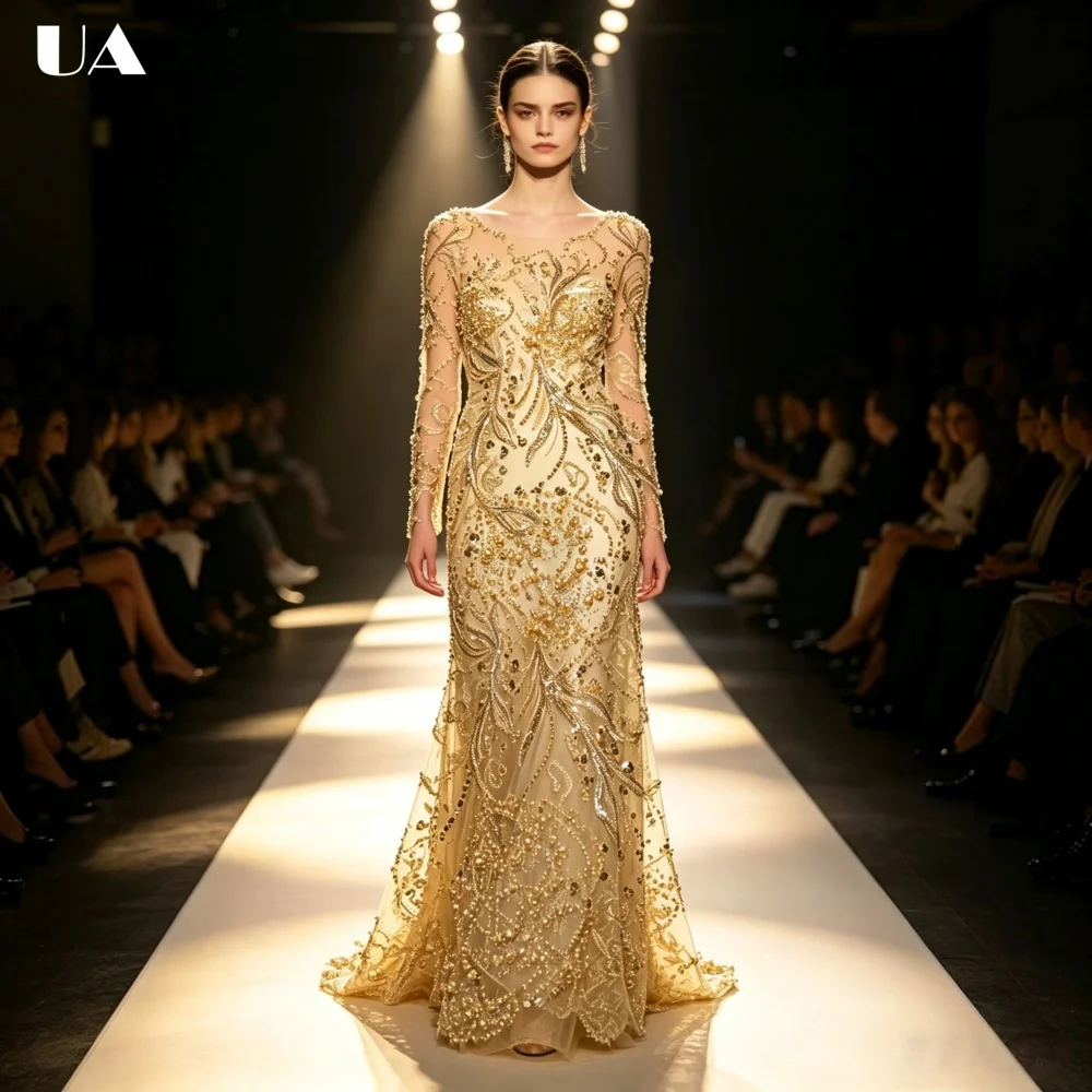 

2026 New Exquisite O-neck Beading Evening Dresses for Women, Elegant Long Sleeve Prom Dress, Customized Train Party Dress