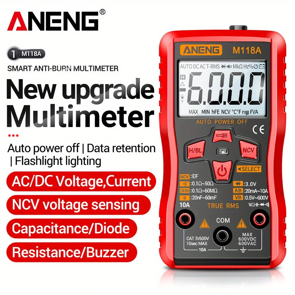 

ANENG Digital Multimeter M118A Auto Range Ammeter Voltmeter Tranistor Resistance Meter 6000 Counts with NCV Data Hold Test Tools