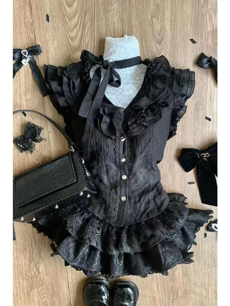 Elegant Lace Sleeveless 2-piece Set Women Vintage Design Square Neck Green Tops Retro Casual Elastic Waist Short Skirt Summer view 6