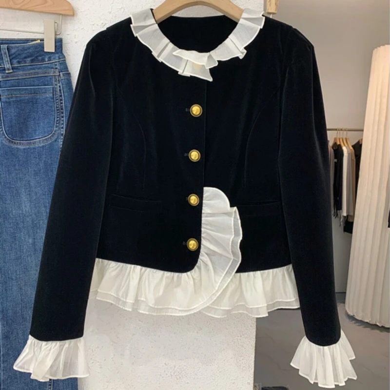 Ruffles Jackets for Women Elegant Long Sleeve Office Ladies Autumn Coats Vintage Retro Clothing Patchwork Aesthetic Casual Mujer