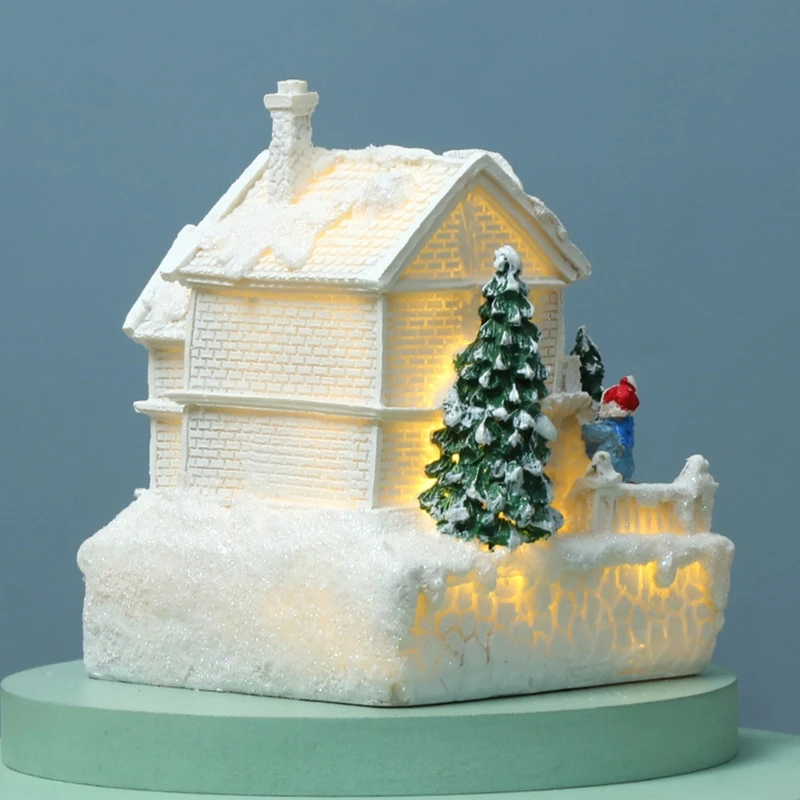 Christmas Snow House Figurine Warn Light Xmas Scene Village for Home Festival New Year Decor Kids Exquisite Gift Resin