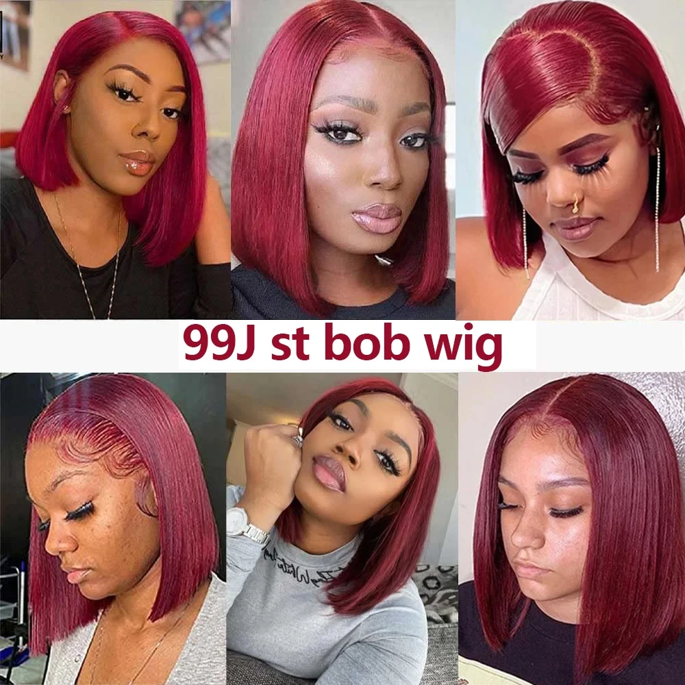 13x4 Seide Gerade 99J Burgund Bob Perücken Echthaar Spitze Frontal Perücke Vorgezupft Mit Baby Haar Transparente Spitze Perücken Echthaar