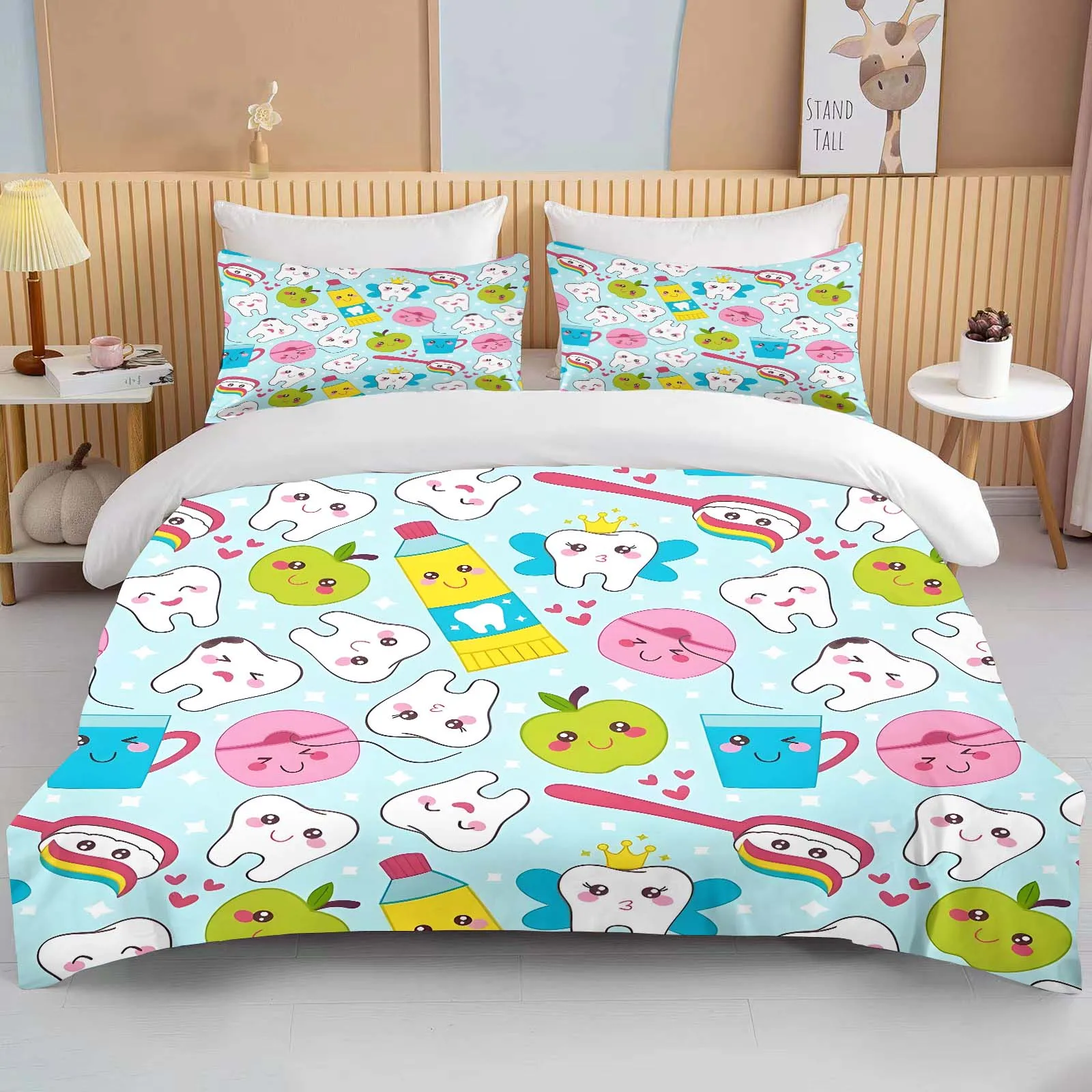 Cute Cartoon Teeth Print Bedding Set Duvet Cover 1 Duvet Cover 2 Pillowcases Adult And Children Bedding Set Luxury Bed Cover Set