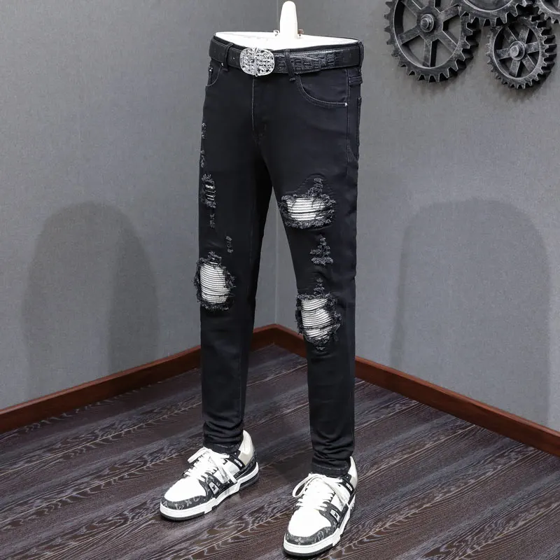 Hombre new men's jeans with white patches, washed with water, nostalgic stretch, slim fit, black jeans, high street hip-hop
