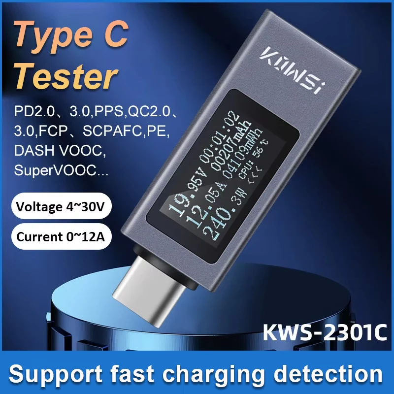 KWS-2301C Typ C Tester DC 4-30V 0-12A Digital Voltmeter Amperimetro Strom Spannung Meter Power Bank Ladegerät Anzeige