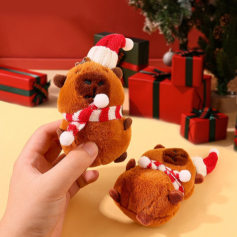 Cartoon Cute Christmas Woolen Hat Scarf Capybara Plush Doll Pendant Keychain Backpack Hangings Ornament