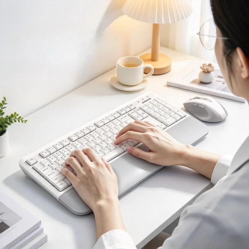 Wireless Keyboard Plus Quiet Mouse Set with 104 Keys Ergonomic Design Anti Interference Plug and Play Ivory White Office Combo
