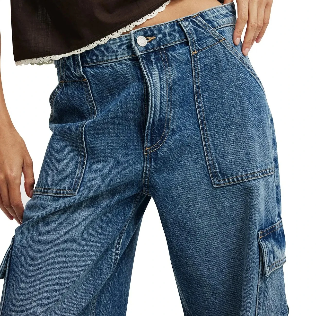 

Свободные светло-голубые джинсы-карго для женщин с несколькими карманами, удобные уличные брюки свободного покроя