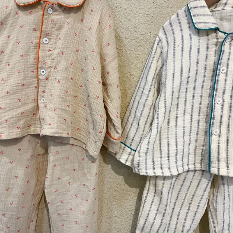 2023 Autumn Kids pajamas set Floral Vertical stripe Yarn cotton long sleeve sleepwear Girls Boys casual Home Wear