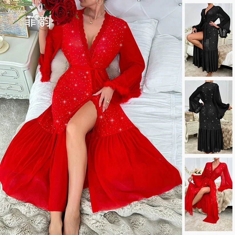 

Red Mesh Sequin Long Robe Kimono Bathrobe Gown Summer New Female Sleepwear Night Dress Loose Perspective Homewear Nightgown