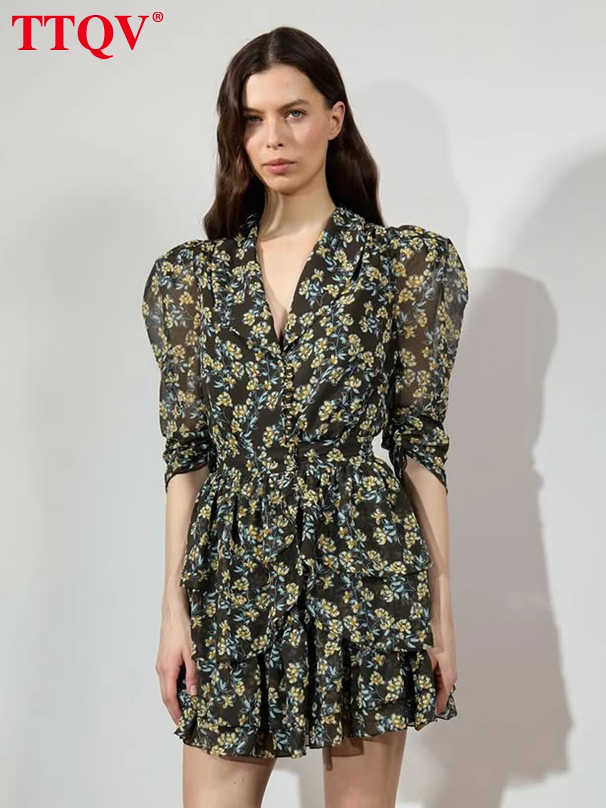 

TTQV Fashion Slim Print Women Dress 2026 Summer V-Neck Half Sleeve Mini Dresses Elegant Classic Pleated Female Dress Streetwear