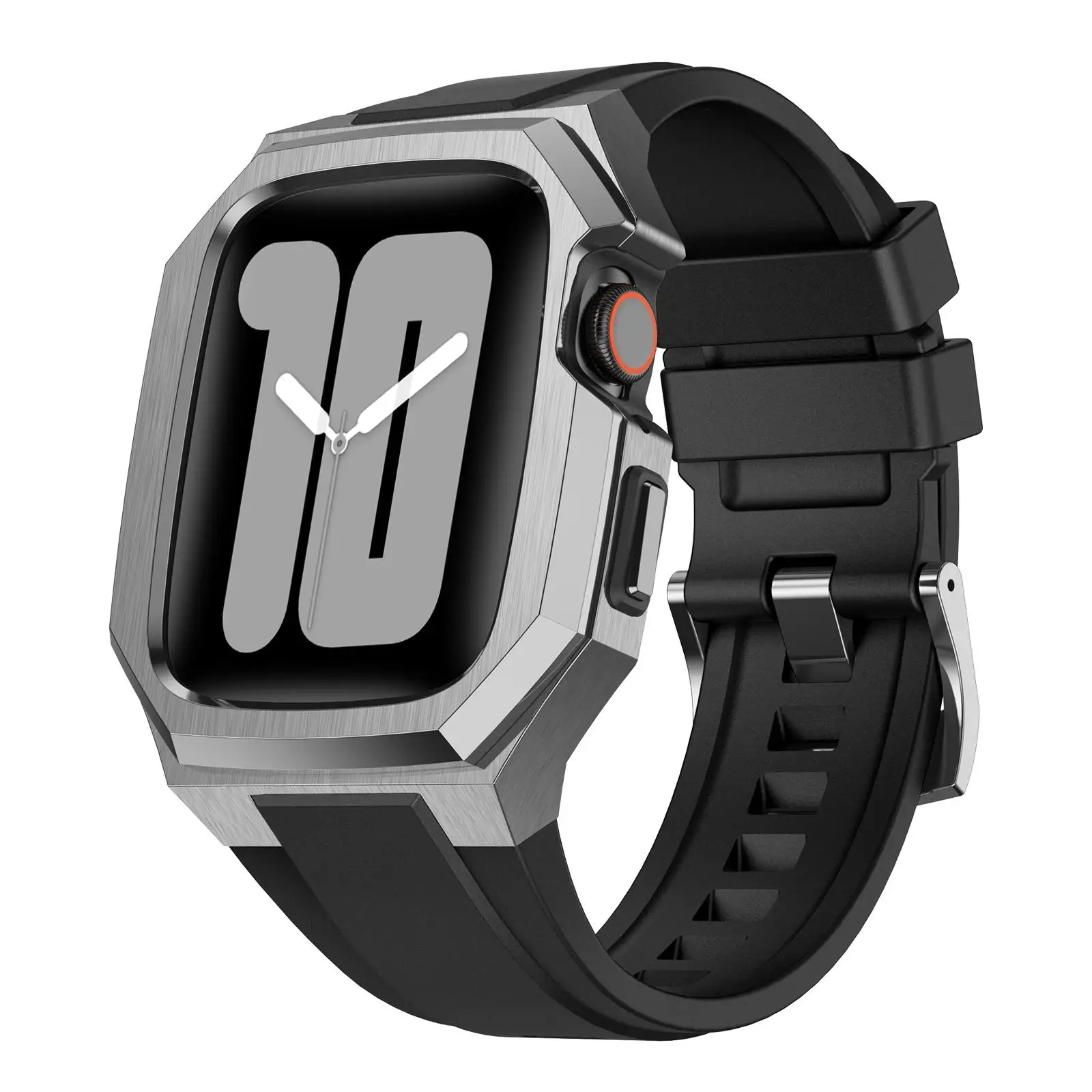 For Apple Watch Series 11 / 10 46mm Stainless Steel Protective Case Integrated Fluororubber Watch Band(Silver)