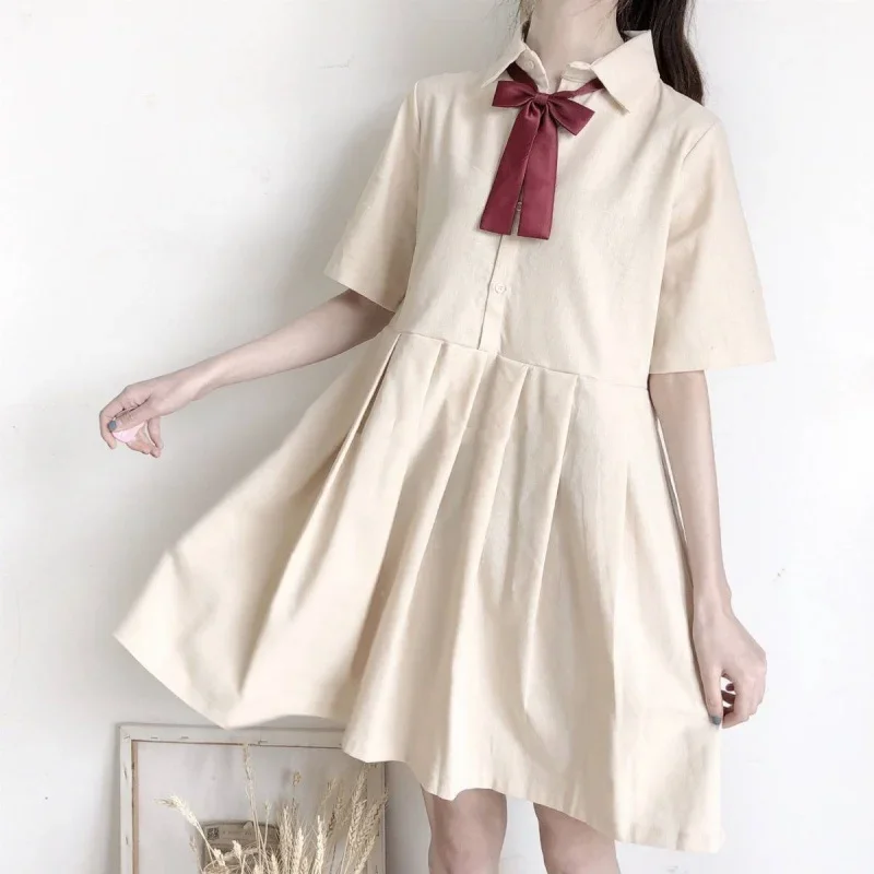 Vestido Lolita Doce Japonês Feminino, Harajuku de verão, Vestido de camisa solta irmã macia, Meninas Kawaii Estudante Laço JSK Vestidos