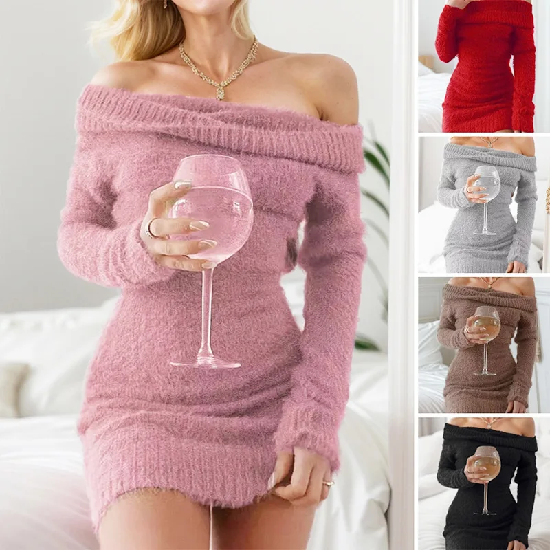 Off Shoulder Women's Sweater Dress Homecoming Dress Elegant Long Sleeve Party Dress Slim Fit Short Dress