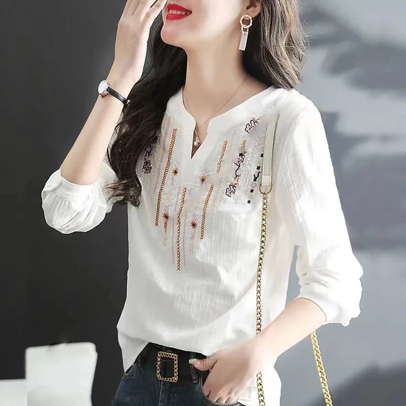 Cotton White Shirt Long-sleeve Womens 2024 Spring Autumn New Fashion Casual Blouse embroidered Ethnic style All-match V-neck Top