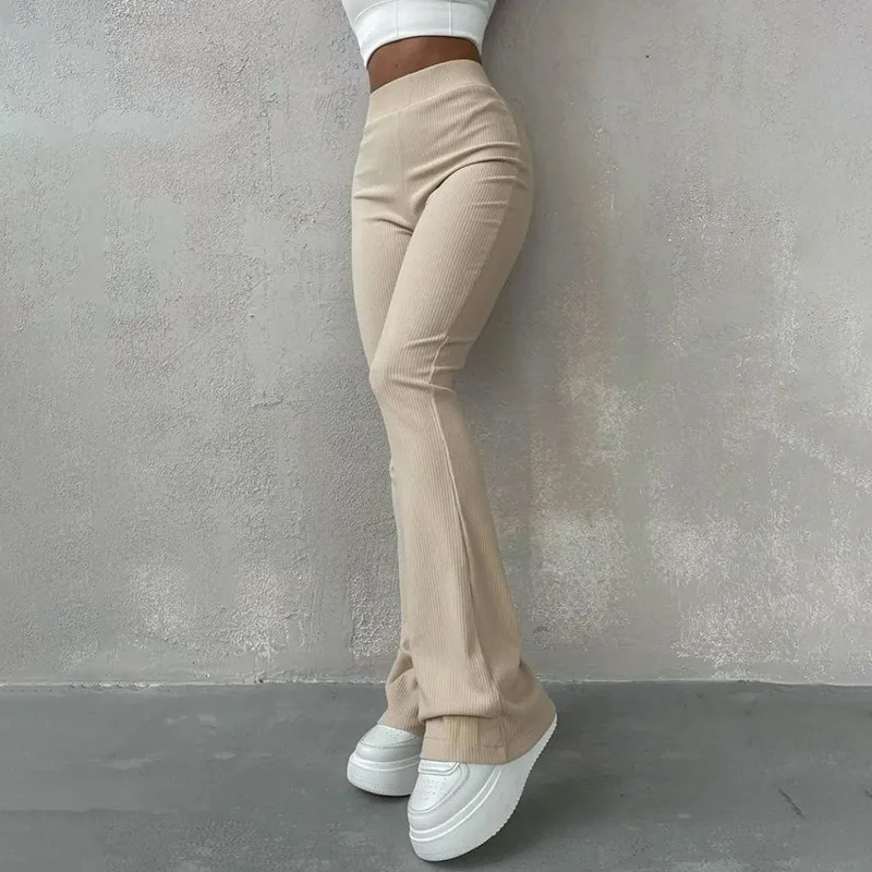 Calça feminina monocromática de cintura alta, calça casual micro flare, feminina de cintura alta, moda feminina, nova, primavera, 2022