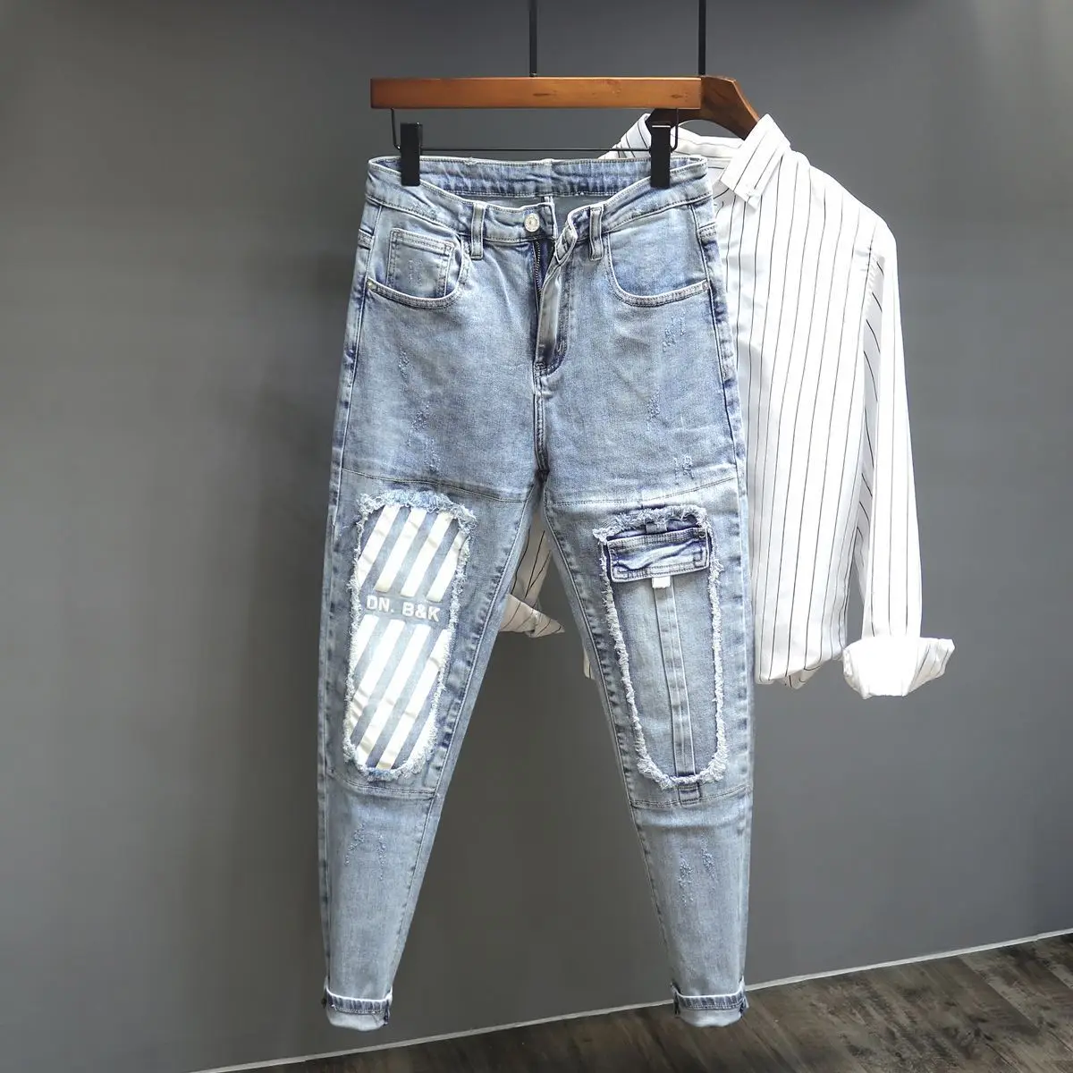 Trendy Brand Light-colored Jeans Men's Trend Patchwork Holes Patch Splicing Printing Slim-fitting Small Feet Men's Cargo Pants