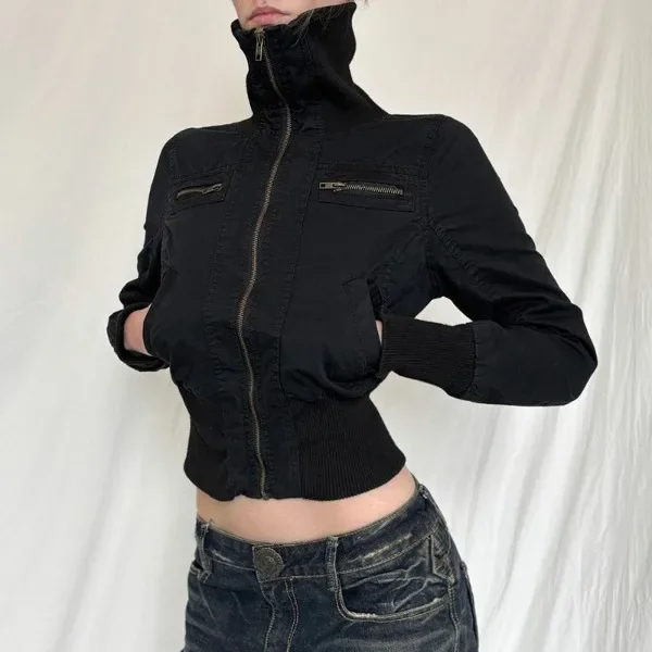 Ropa de calle negra con cremallera para mujer, novedad de invierno de 2025 con cuello alto, manga larga recortada, prendas de vestir Vintage Y2k para mujer, abrigos