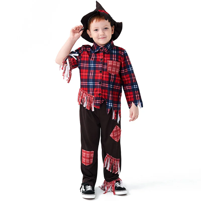 Halloween Scarecrow Cosplay Costume Plaid Tattered Shirt Pants Clothes Set Carnival Farm Harvest Stage Performance Fancy Dress