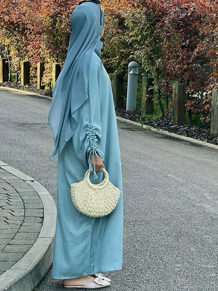 Solid Loose Dubai Abaya For Muslim Woman O-Neck Bundled Sleeve With Draw String Saudi Moroccan Elegant Casual Stylish Kaftan