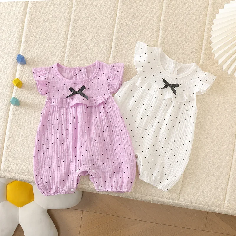 2026 Sommer Babykleidung Mädchen Gepunkteter Schleifen-Strampler 0-24M Neugeborene 100% Baumwolle O-Ausschnitt Flatterärmel Einteiler Bodysuit