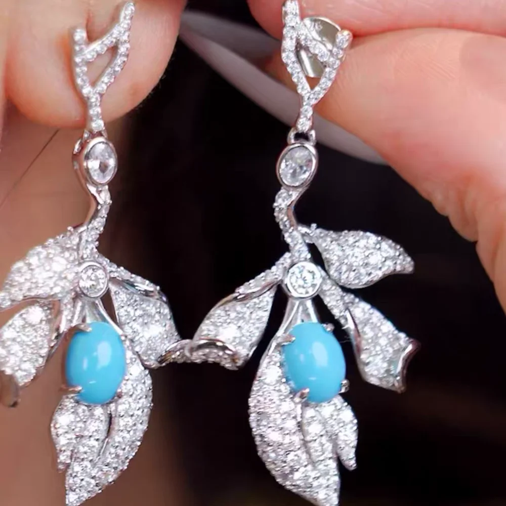 KQDANCE Solid 925 Silver High Carbon Diamond Synthetic Blue Turquoise Gemstone Long Leaf Earrings Fine Jewelry For Women Gifts